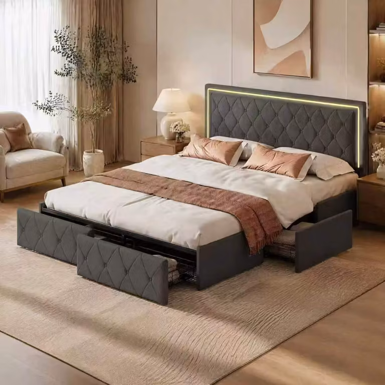 Letto imbottito INONEFT, 140x200 cm, letto per ragazzi con illuminazione LED, letto singolo con poggiatesta regolabile in altezza e 4 cassetti contenitori, rivestito in ecopelle grigia