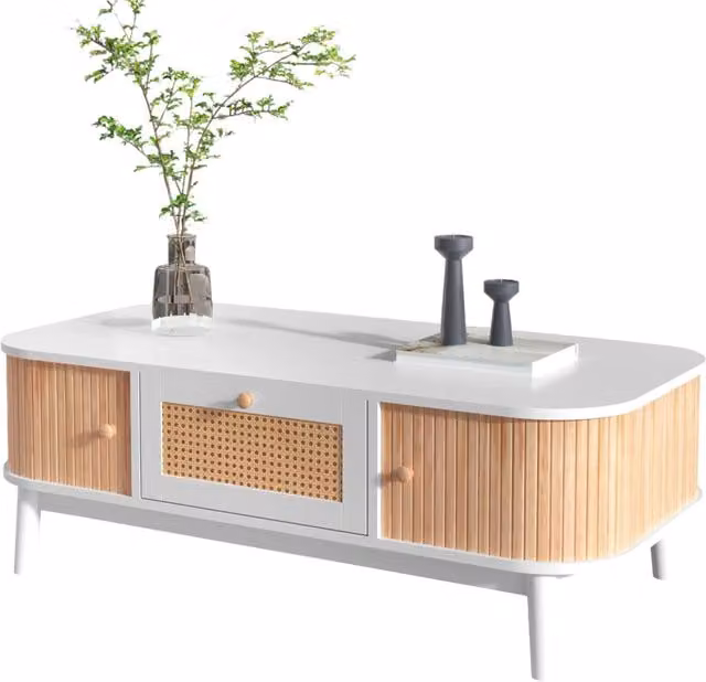 Tavolino da caffè in rattan con ante in legno massello naturale 110x55x38,5 cm, stile country