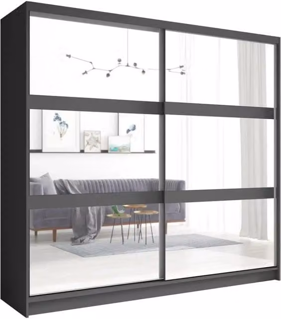 Armadio moderno Meublorama con 2 ante scorrevoli e specchio, grigio, L: 230 cm, H: 223 cm, P: 62 cm