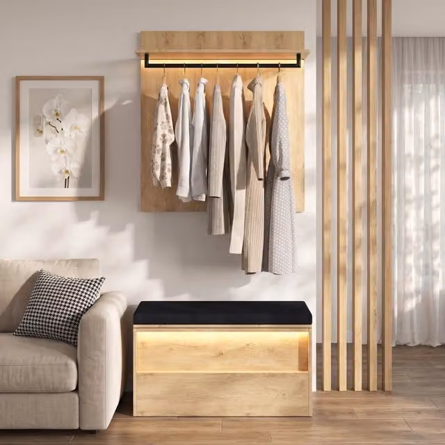 Set Appendiabiti da Parete con Panca Scarpe (2 posti), 90x47x145 cm, Antracite-Rovere, con 2 Luci LED, 1 Cuscino, 1 Asta Appendiabiti