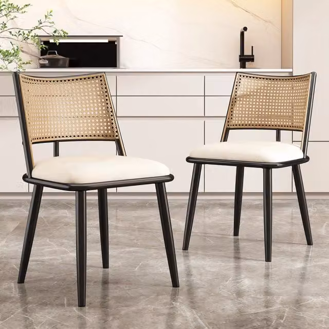 Set di 2 sedie da pranzo OKWISH in rattan con seduta in ecopelle nera per soggiorno e sala da pranzo