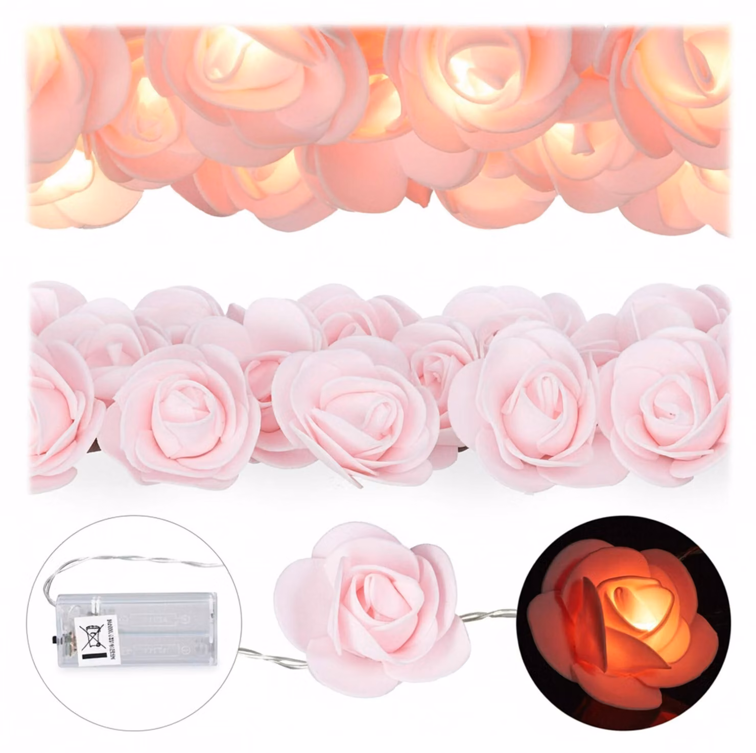 Ghirlanda luminosa con 4 rose, ghirlanda luminosa a LED da 20 luci a batteria, per matrimoni, fidanzamenti e San Valentino, bianco caldo, decorazione, rosa