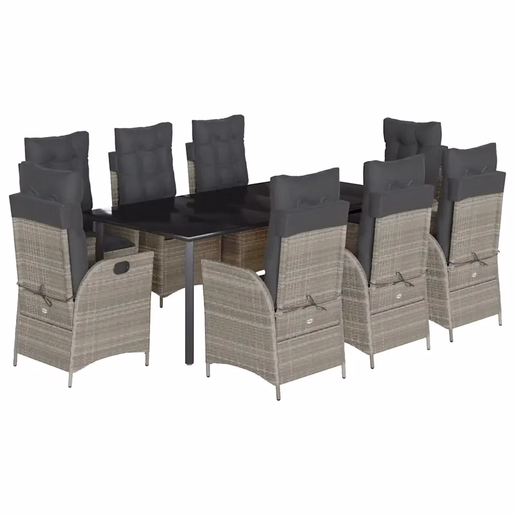 vidaXL Set Pranzo da Giardino 9pz in Polyrattan con Piano in Vetro e Cuscini Grigio Chiaro – 2
