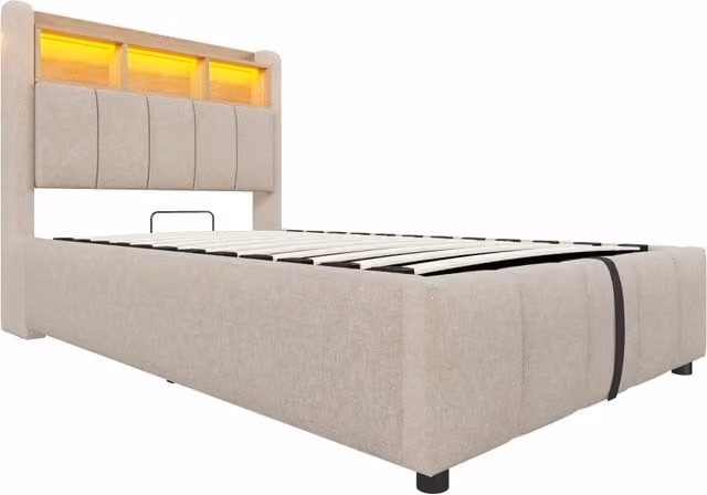 Letto contenitore singolo 90x200 cm con LED RGB; USB e USB-C; testiera portaoggetti; beige