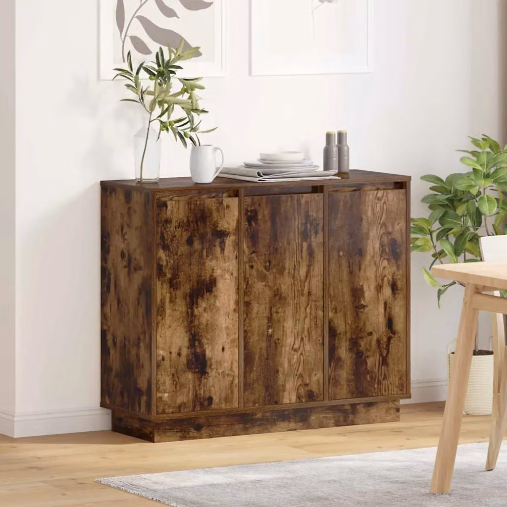 Madia moderna vidaXL con illuminazione LED in rovere fumé e legno ingegnerizzato, L 90 x P 32 x H 75 cm