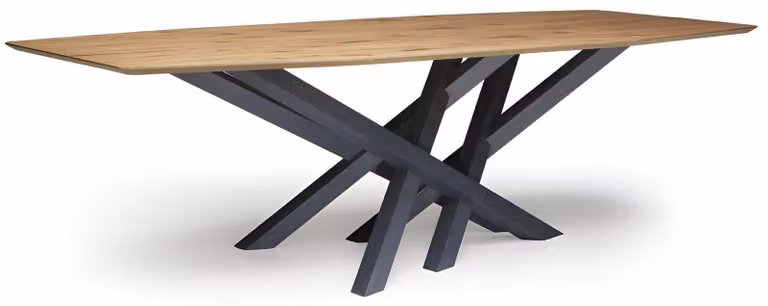 Moderner Esstisch mit massivem Holz und geometrischer Stahlbasis