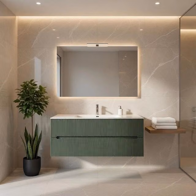 Composizione mobile bagno sospeso con cassetti e specchio mod. STICK Taco Verde Bosco L: 120 cm, P: 45 cm, H: 46 cm