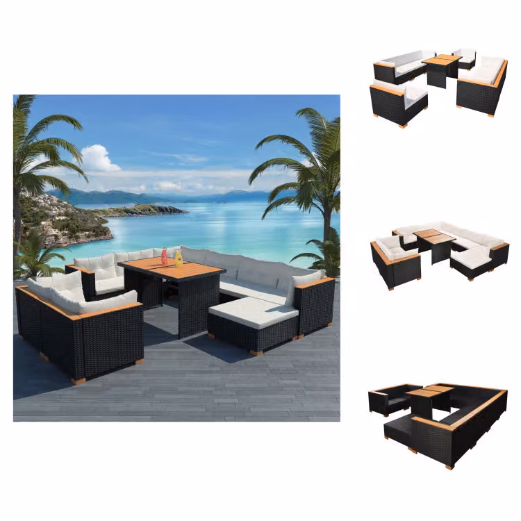 vidaXL Set da giardino da 10 pezzi con cuscini in poly rattan nero - Set di mobili da giardino