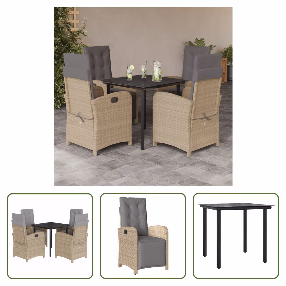 The Living Store Set da pranzo da giardino 5 pezzi con cuscini Beige poly rattan