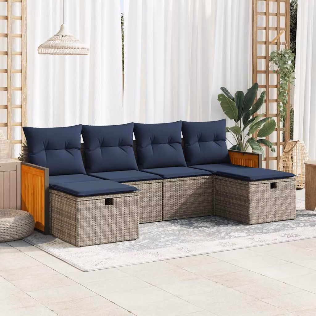 Set Divano da Giardino a L vidaXL 6 pz con Cuscini Grigio e Blu in Polyrattan e Legno di Acacia