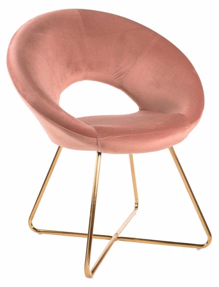 Poltrona imbottita con gambe dorate, forma rotonda, dimensioni 71x59x84 cm, colore rosa cipria