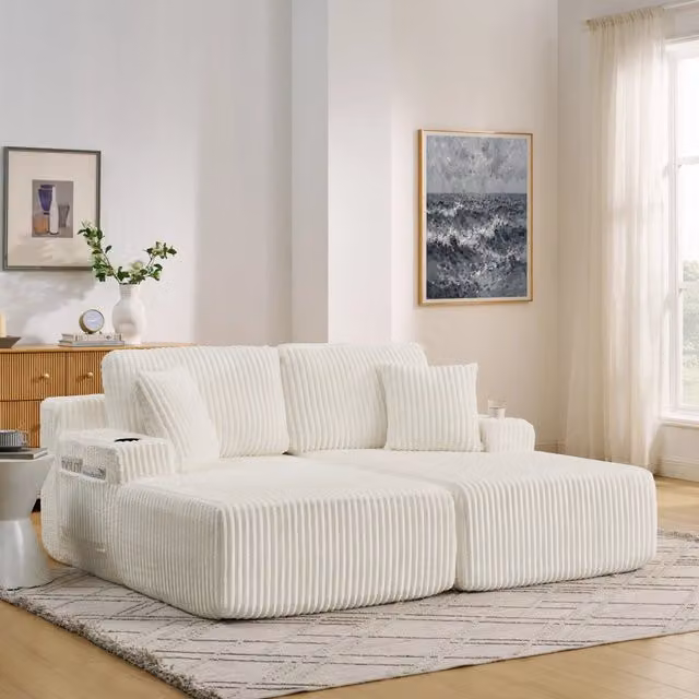 Divano letto 2 posti trasformabile in poltrona relax in tessuto a coste beige