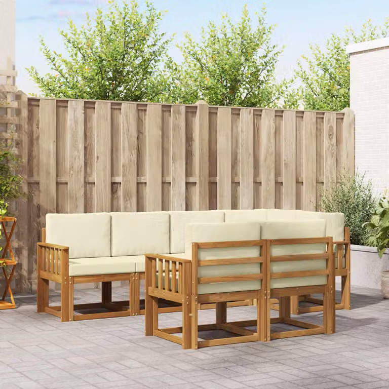 Set di divani da esterno vidaXL 7 pz in legno di acacia con cuscini beige e bianco per giardino e terrazza