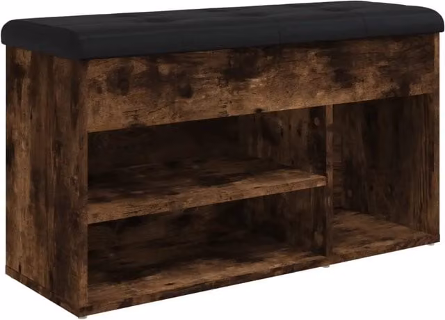 Panca Porta Scarpe in Legno Rovere e Pelle Sintetica Marrone e Nero L: 82 cm, P: 32 cm, H: 45,5 cm