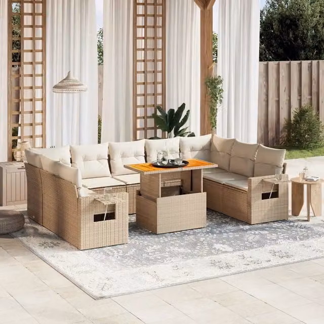 Set Divano da Giardino VIDAXL a Forma a U in Polyrattan con 10 Cuscini Beige – 1