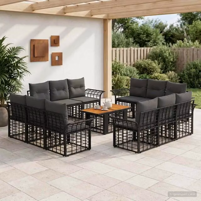 Set Divano da Giardino a Forma a U vidaXL in Polyrattan Nero e Grigio con Cuscini e Tavolino