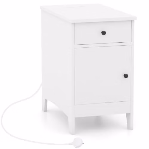 Helloshop26 Tavolino stretto con stazione di ricarica, 60 x 35 x 60 cm, portaoggetti pratico moderno in legno, bianco 20_0013851