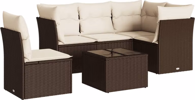 Set Divano da Giardino 6 pz con Cuscini Marrone in Polyrattan