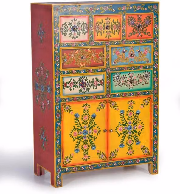 Comodino alto a 7 cassetti in legno di mango multicolore con decorazione floreale dipinta a mano Giner Y Colomer