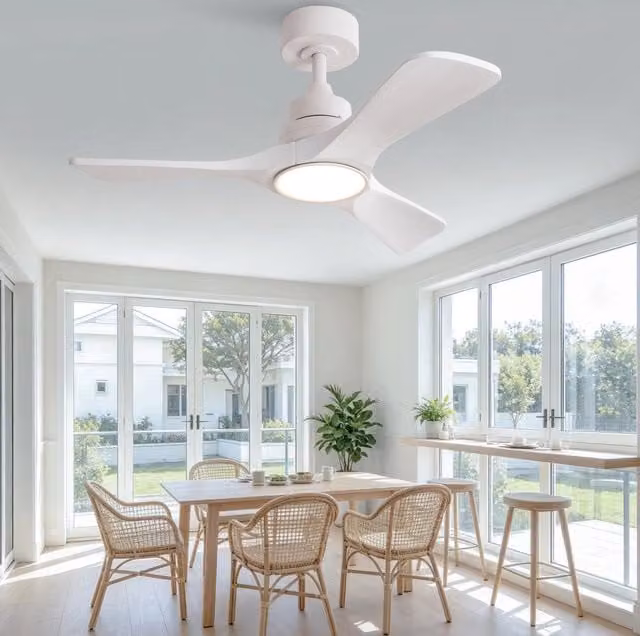 Ventilatore da soffitto MODFU con luce LED dimmerabile, pale in legno e telecomando, bianco – 1