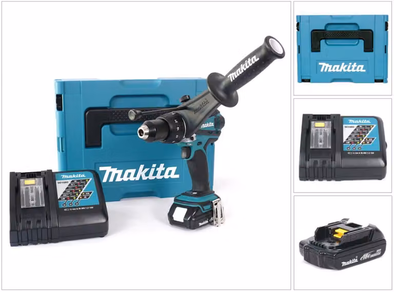 Makita DHP 458 Y1J-D Trapano avvitatore a percussione a batteria 18V in valigetta Makpac + 1x Batteria 1,5 Ah + Caricatore