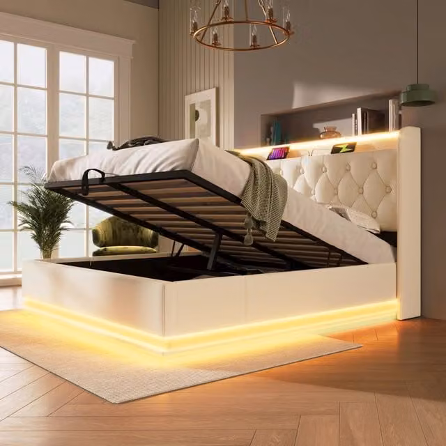 Letto contenitore 160 × 200 cm con LED a 360°; testiera imbottita USB e Type-C; rivestimento in PU bianco