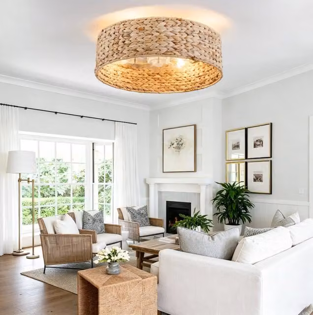 Plafoniera ventilatore da soffitto in rattan e rame con LED, controllo tramite App, Bluetooth e telecomando, stile boho, colore beige e rame