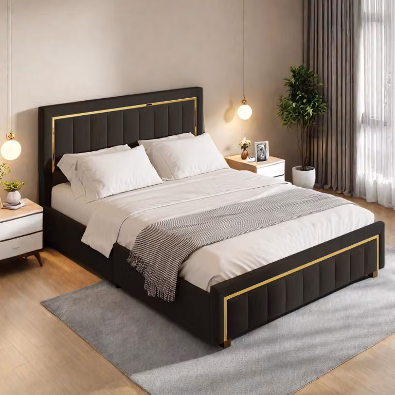 Letto imbottito - Letto matrimoniale 140 x 200 cm - Con spazio contenitore - Cassetto contenitore con sistema idraulico - Poggiatesta regolabile - Rivestimento in velluto - Colore nero