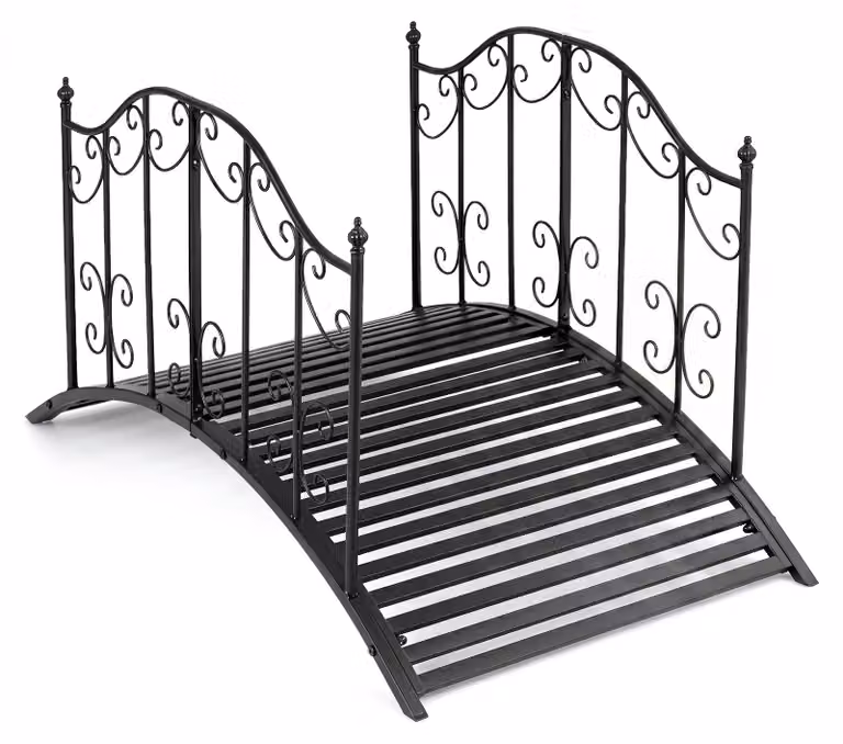 Ponte ad arco in metallo KOMFOTTEU, ponte per laghetto con ringhiera decorata, capacità portante fino a 150 kg, stabile e resistente agli agenti atmosferici, ponte ornamentale resistente alle intemperie per giardino, laghetto e ruscello, colore nero