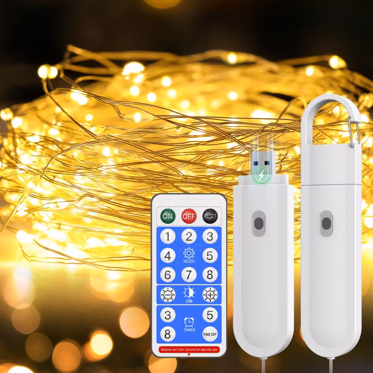 Catena luminosa da 10 metri, 100 LED, grado di protezione IP67, ricaricabile, 8 modalità, con telecomando