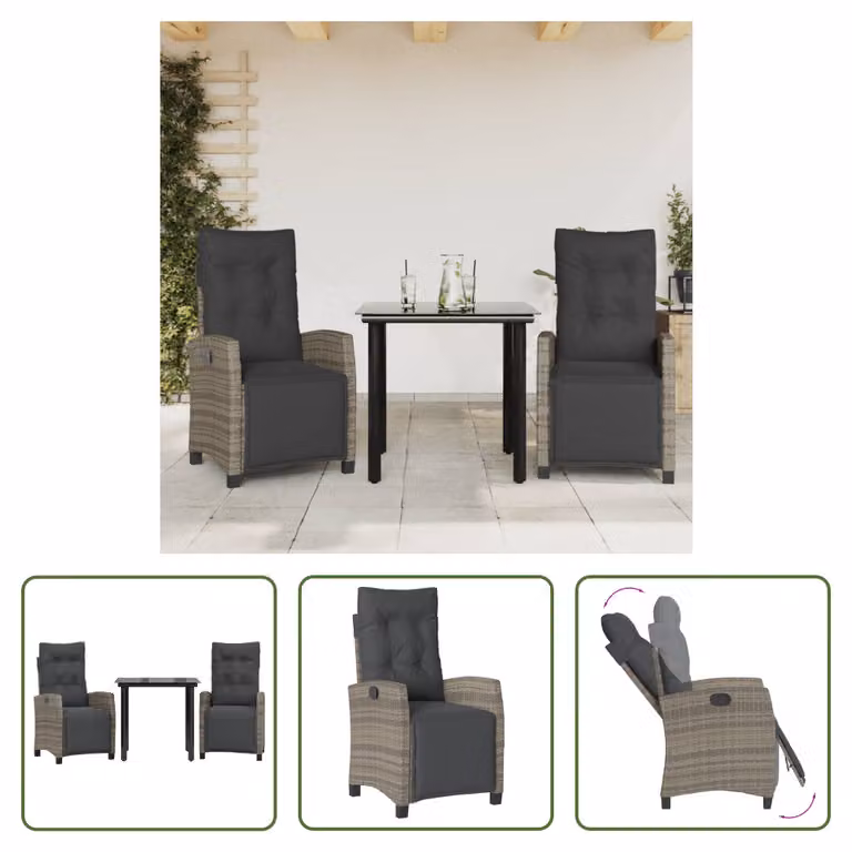The Living Store Set da pranzo da giardino in 3 pezzi con cuscini in poly rattan grigio