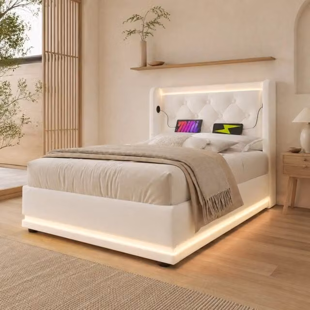 Letto singolo con contenitore Mivray bianco con testiera imbottita in ecopelle, illuminazione LED e porte USB e Type-C, L/P: 90 x 200 cm