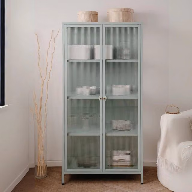 Vetrina in vetro scanalato temperato e acciaio laminato verde menta 2 ante Milton52A 80x40x160H