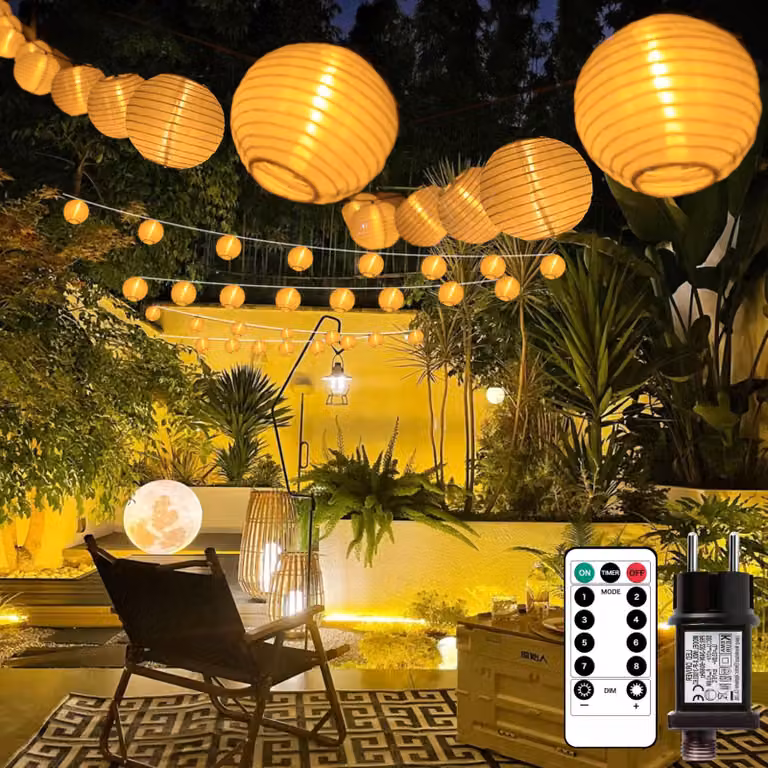 Catena luminosa a forma di lanterne, 11 metri, 30 LED, luce bianco caldo, 8 modalità, timer, telecomando