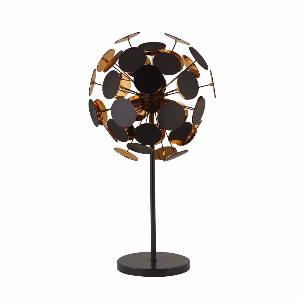 Lampada da scrivania moderna SEARCHLIGHT in metallo e policarbonato, colore nero e oro, con base rotonda e attacco E14 – 2