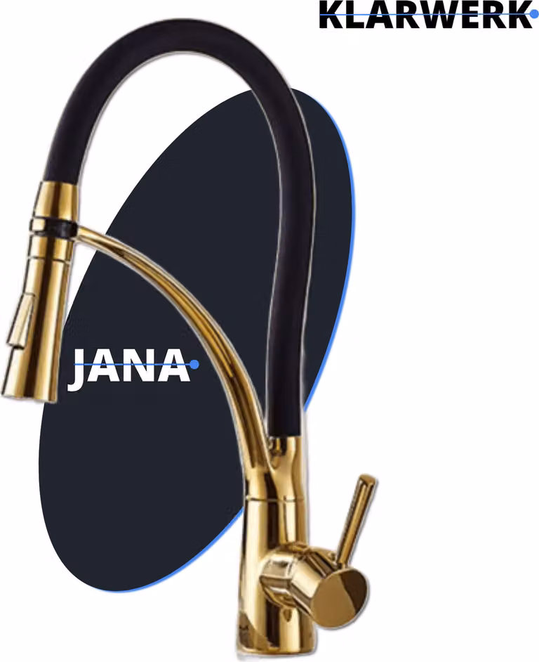 JANA | Rubinetto flessibile girevole da cucina in acciaio inox oro lucido | Rubinetto miscelatore ad alto arco | Rubinetto ad alta pressione 360° 2 attacchi Gastro