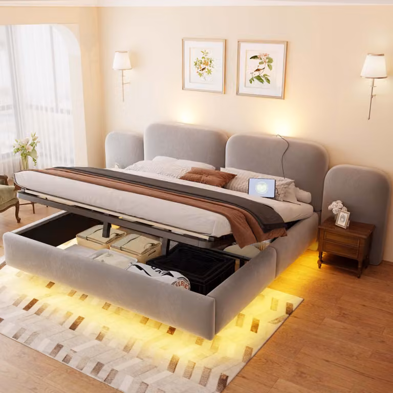 Letto imbottito Merax 180x200 cm con spazio contenitore a sollevamento idraulico, letto matrimoniale con illuminazione LED, letto in velluto con porta USB-C, testiera imbottita, colore grigio
