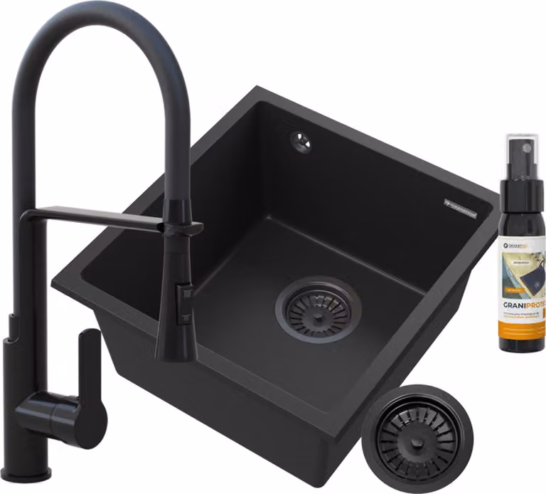 Granitan - Lavello da incasso - Lavello in granito - 45 cm - Nero - con rubinetteria e accessori - Lavello da cucina