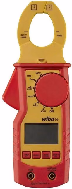 Pinza Amperometrica Wiha WH45219 True RMS per Corrente AC/DC fino a 400 A, CAT IV 1000 V AC, con Display LCD Retroilluminato e Torcia Integrata, Rosso Giallo