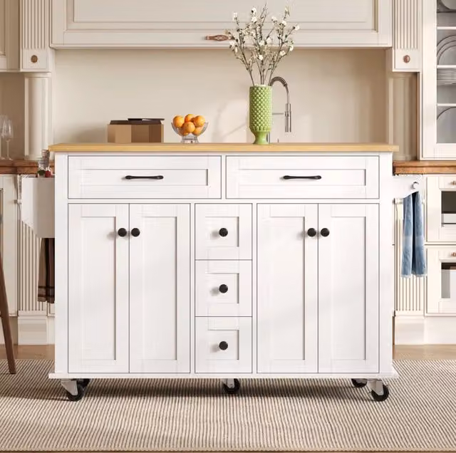 Carrello cucina 140x40(65)x89 cm con piano estraibile e 5 ruote in MDF bianco e naturale