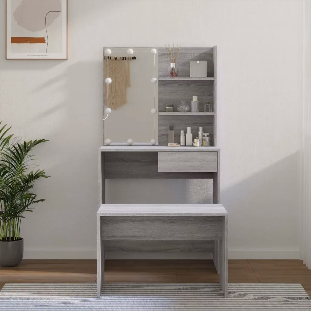 Set Tavolo da Toeletta con LED vidaXL Grigio Sonoma in Legno Multistrato e MDF