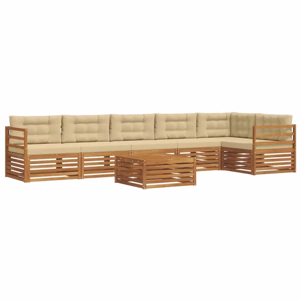 Set di divani da esterno vidaXL a forma di L composto da 7 pezzi con tavolino da caffè, in legno di acacia trattato e tessuto beige e sabbia, resistente ai raggi UV – 2