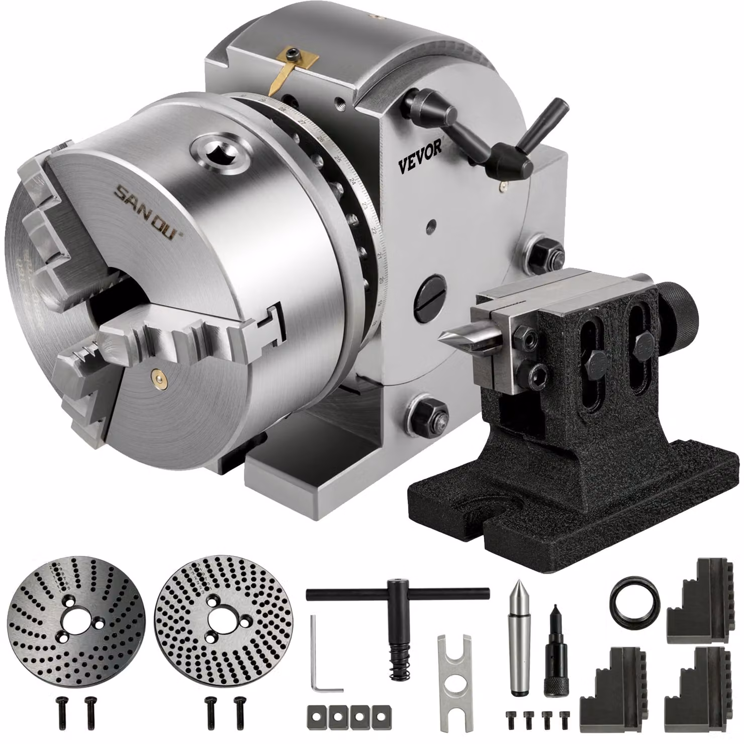 VEVOR Frantools Dispositivo di indicizzazione Tavola rotante 160MM Testa di indicizzazione con 3 mandrini girevoli orizzontali verticali per fresatrice