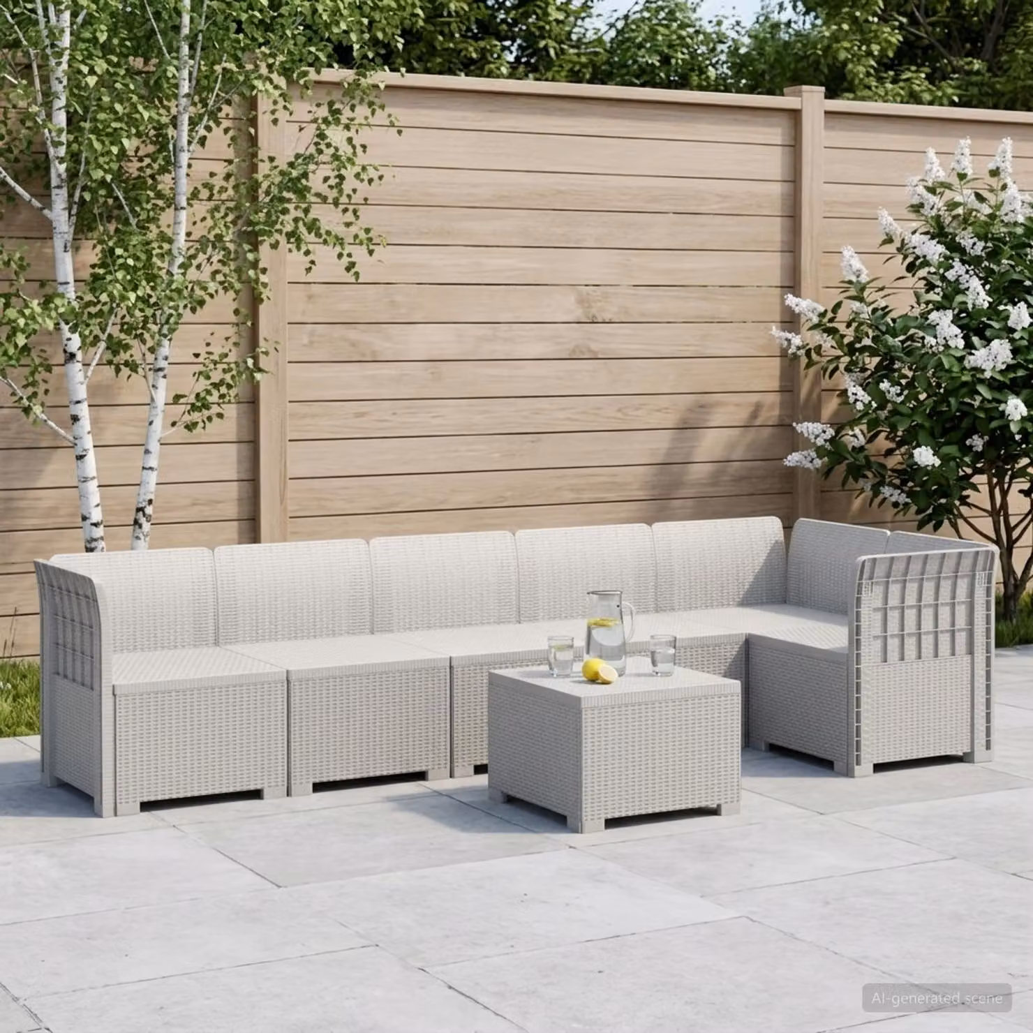 Set da giardino vidaXL a forma di L con divano da 6 posti, tavolino e cuscini, design moderno in rattan bianco e materiale resistente alle intemperie