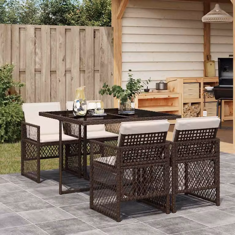 Set da pranzo da giardino vidaXL in polyrattan marrone con cuscini bianchi e tavolo in vetro