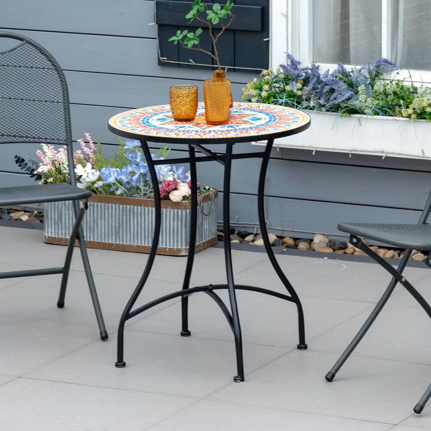 okwish tavolo da giardino a mosaico tavolo bistrot tavolino rotondo con disegno di piastrelle in Vetroceramica multicolore, tavolo a mosaico con struttura in metallo, rosso+blu+bianco