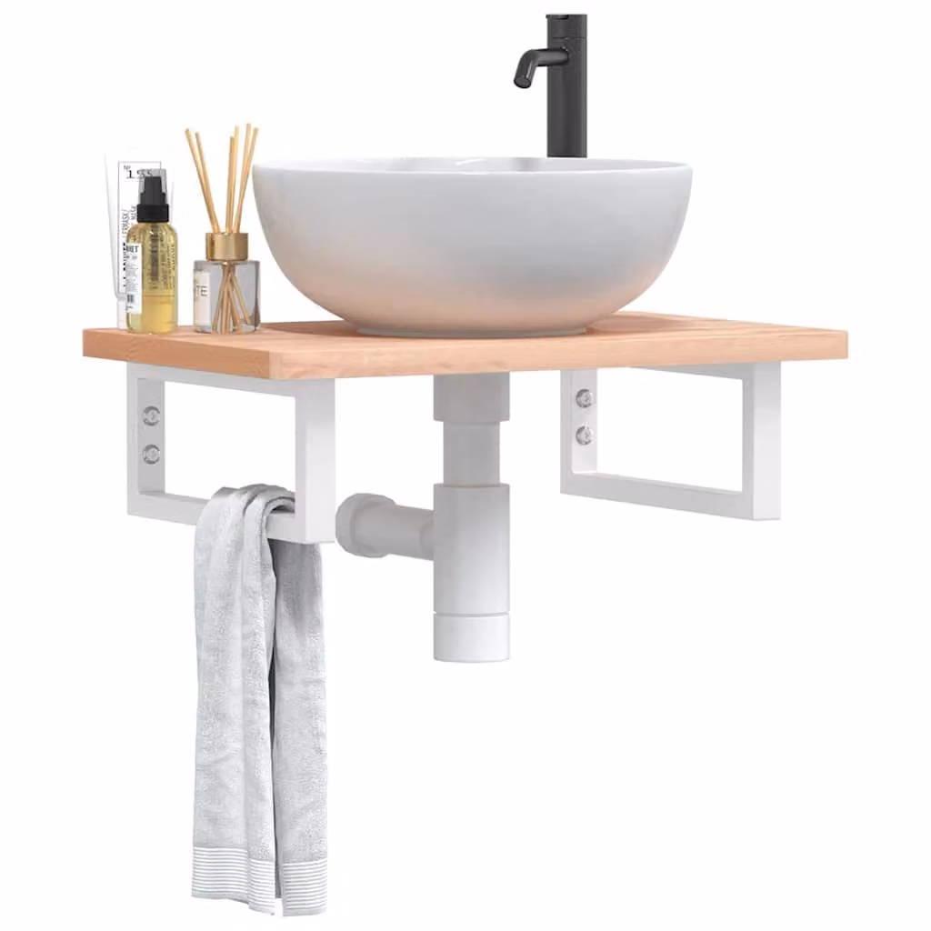 vidaXL Ripiano da parete per bagno in legno di faggio e metallo, Bianco e Marrone, L: 60 cm, P: 40 cm