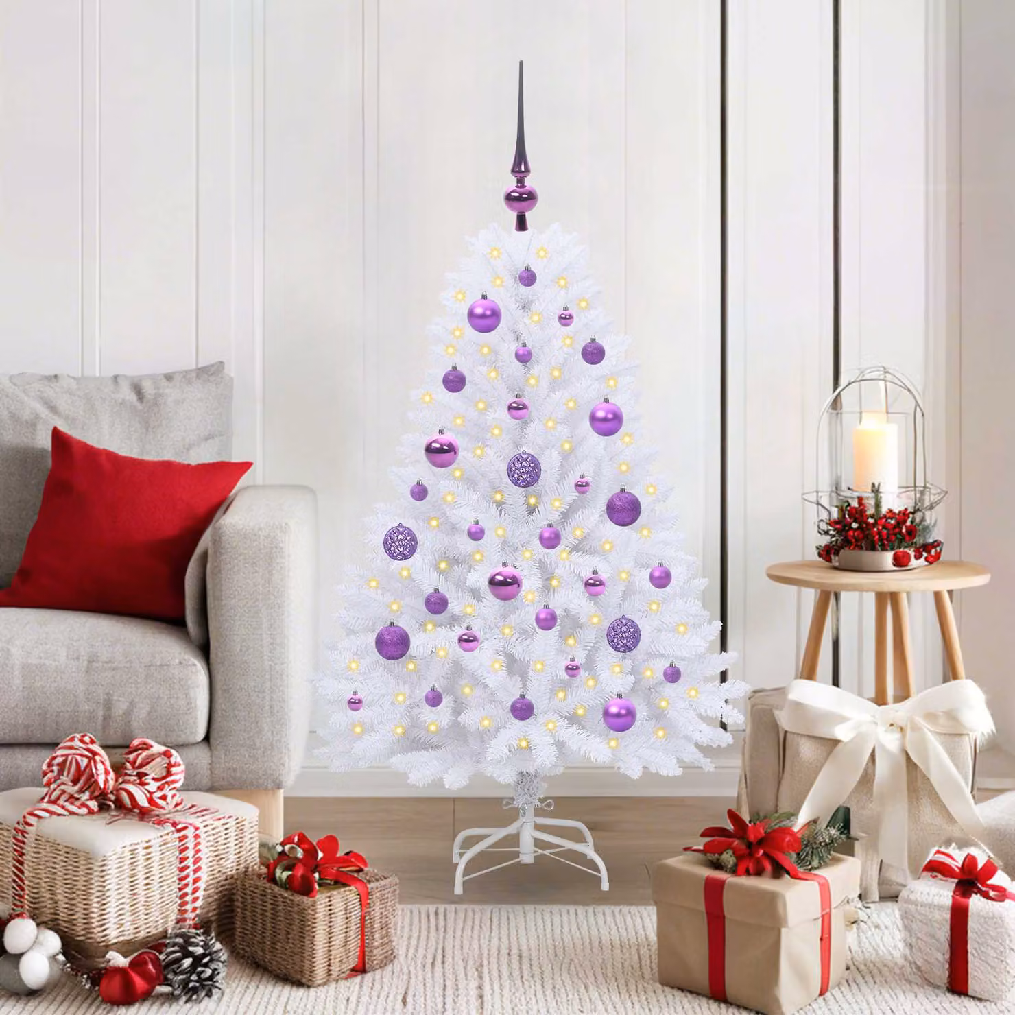 Albero di Natale Artificiale Moderno vidaXL con LED e Rami Pieghevoli in PVC e Metallo, Bianco, Altezza: 120 cm
