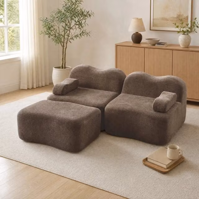 Divano angolare modulare MIVRAY in velluto marrone con pouf coordinato e seduta in schiuma per soggiorno