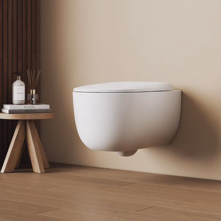 EMKE WC sospeso monoforo superspin flush 355x365x555mm Vetroceramica a risparmio idrico WC a parete con scarico diretto e coperchio a chiusura morbida bianco lucido
